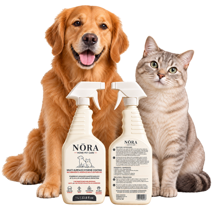 Presentación de NŌRA Home Pet Care con atomizador, junto a un perro y un gato